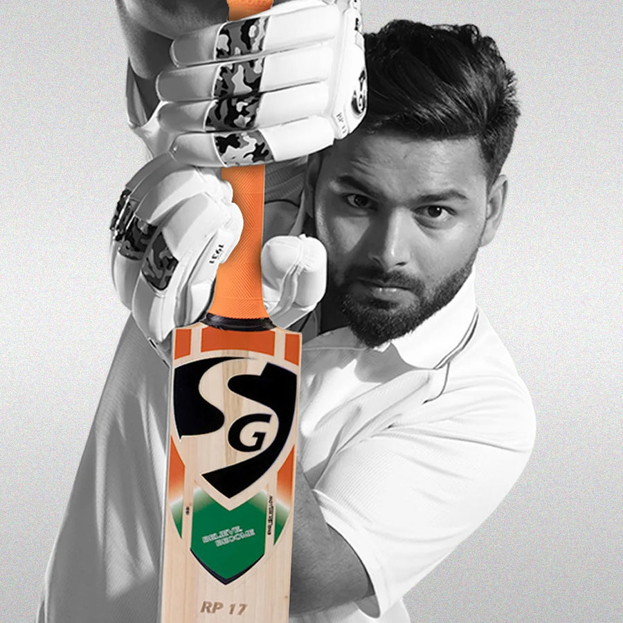 SG campaign cricketer with batting gloves and an SG bat